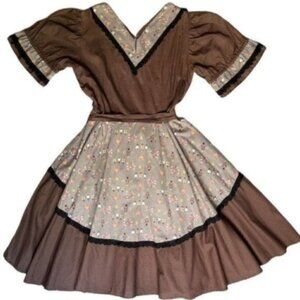 60s VTG Cottage Core Prairie Core Square Dance Brown Floral Hearts Dress Women’s